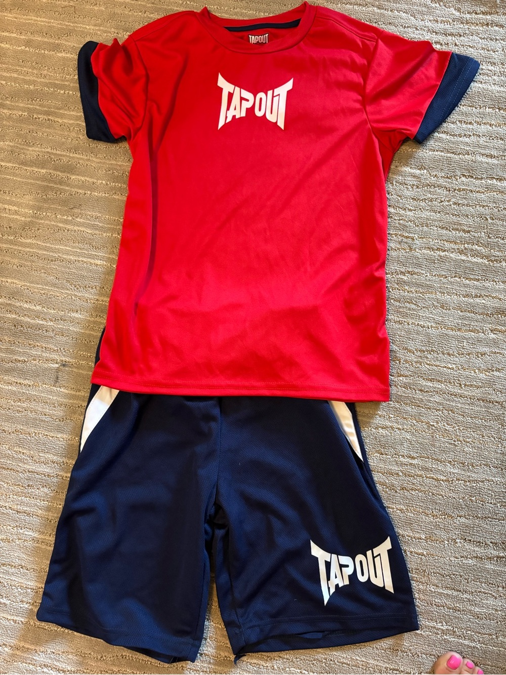Tapout Red and Navy Short Sleeve Active Tee with Navy Shorts Sz 10 / 12